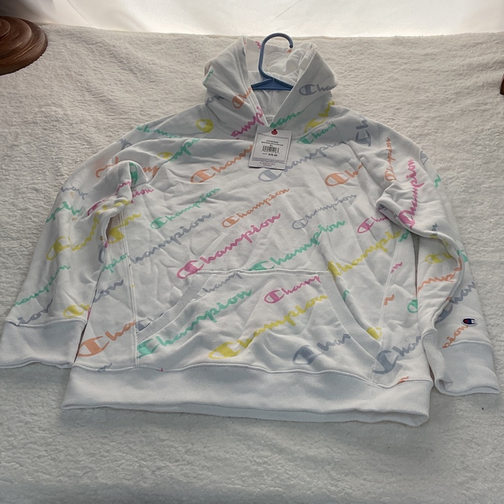 NWT girls Champion White Hoodie with Colorful Logos